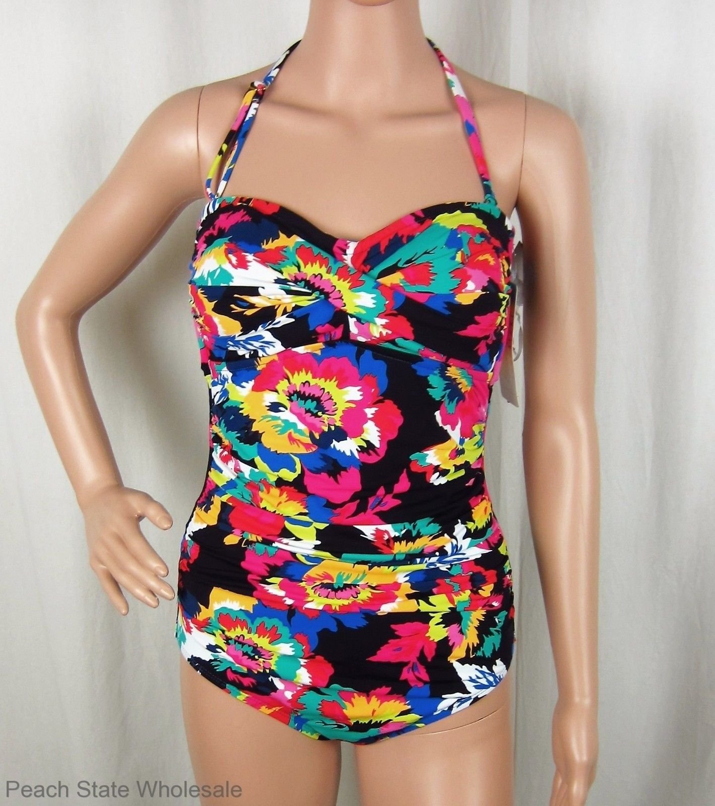 NWT Anne Cole Floral Shirred Twist Bandeau Slimming One-Piece Swimsuit ...