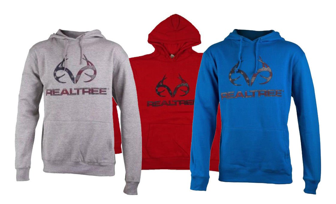 NWT Realtree Mens Sycamore Sweatshirt Patriotic Flag Hoodie Blue Red Gray Size L