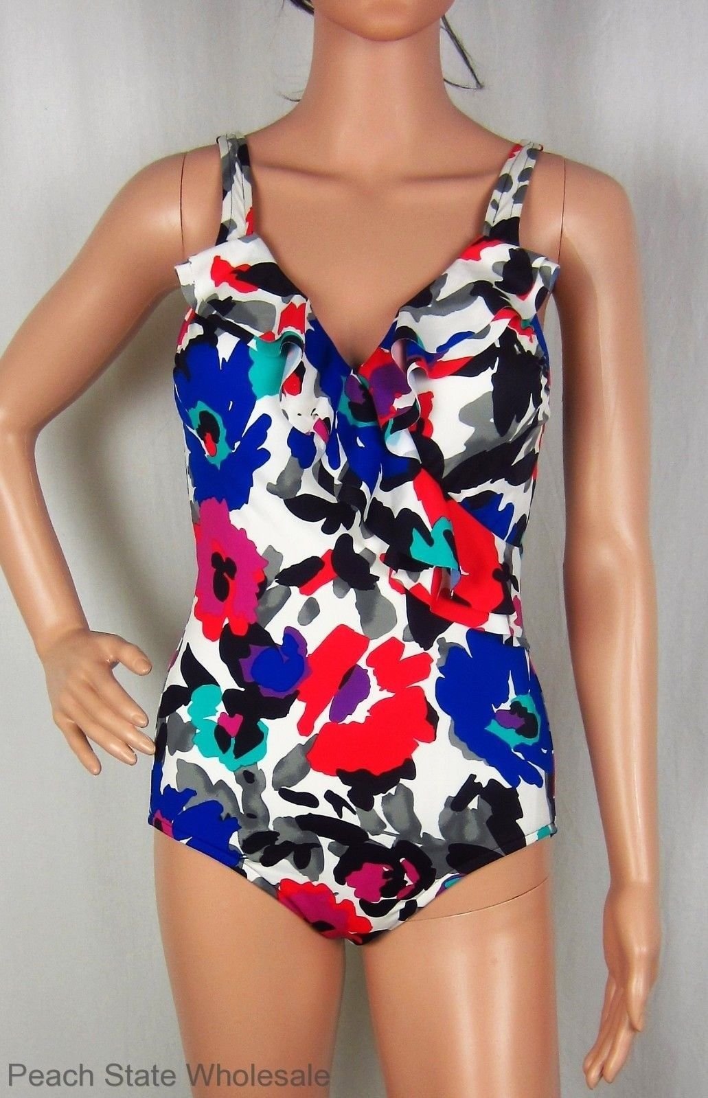 NWT INC Ruffle Wrap One-Piece Swimsuit Multicolor Floral Bathing Suit ...