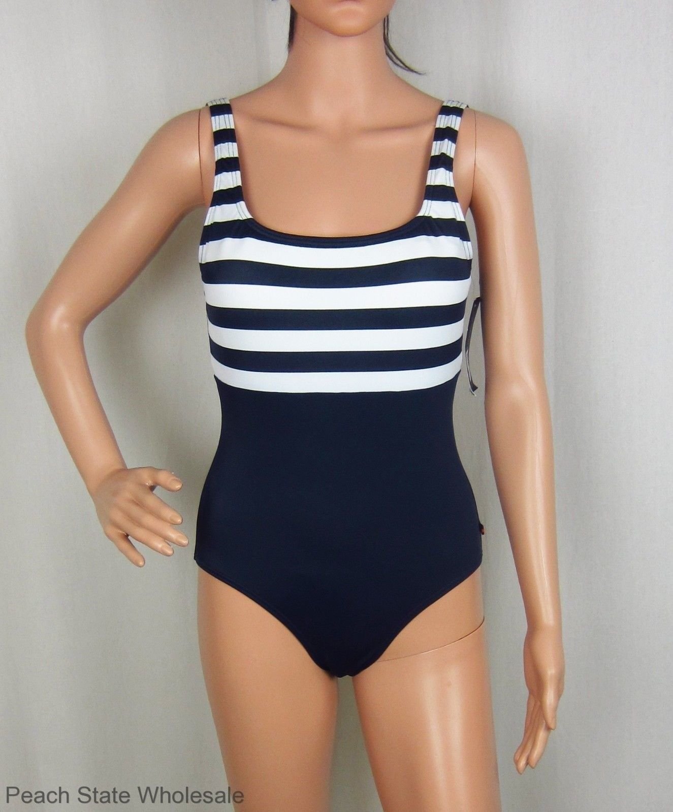 navy and white one piece swimsuit