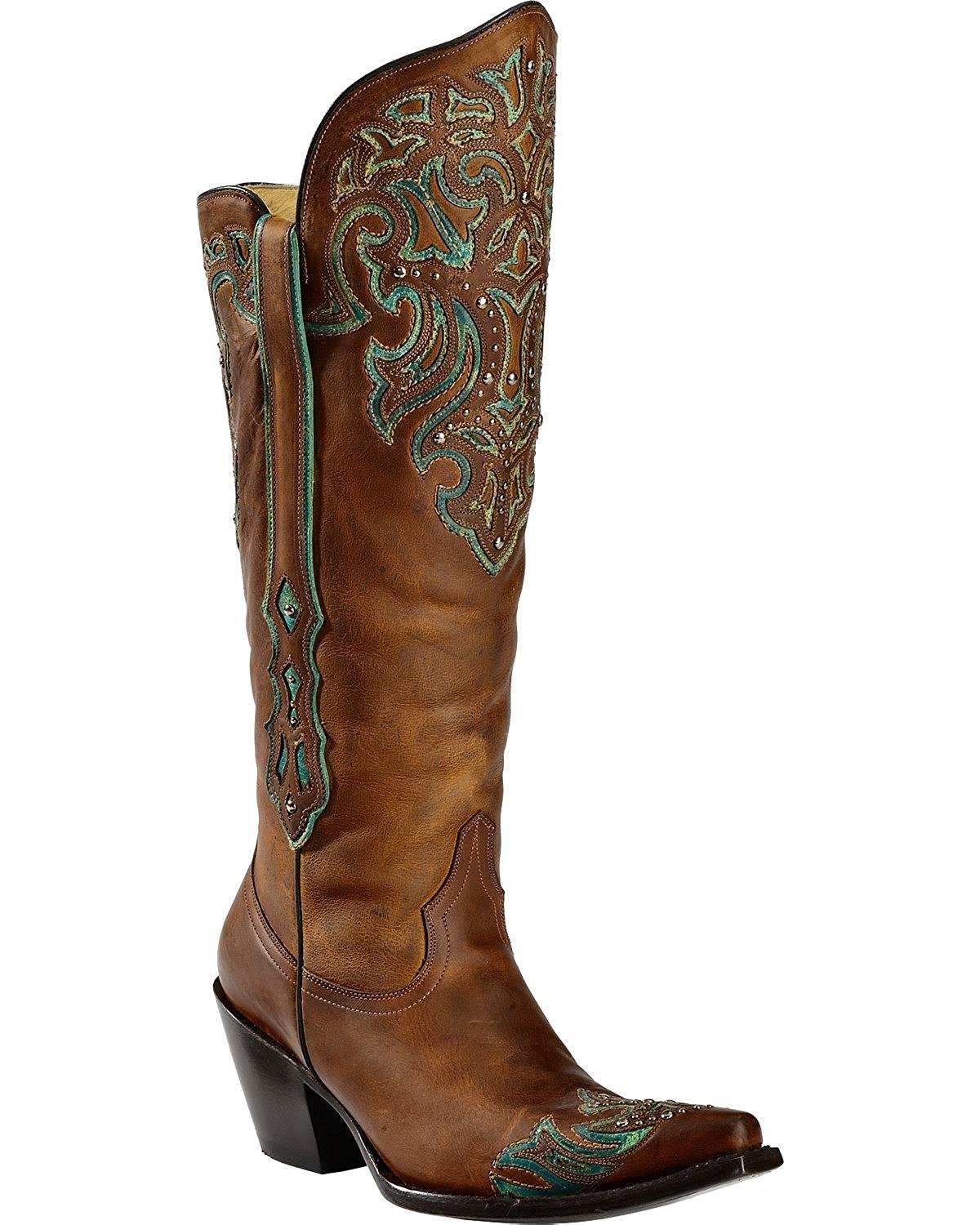 CORRAL A4059 Stivali Western Donna In Pelle Di Struzzo - Marrone/Turchese, Tacco Walking, Punta Quadrata