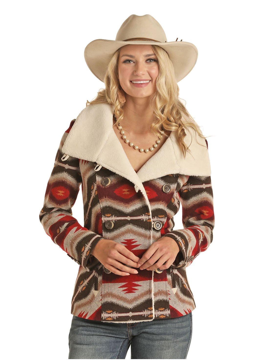 Powder River Outfitters Ladies Aztec Jacquard Wool Coat, Red | eBay