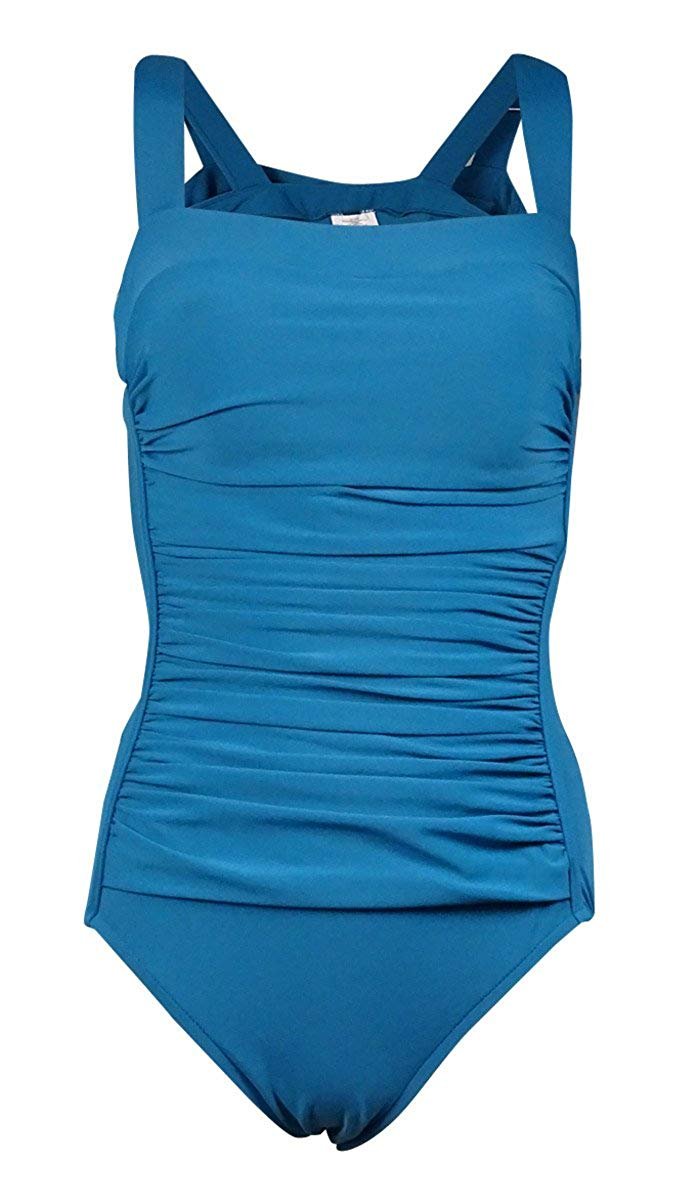 Swim Solutions Women's Tummy-Control Ruched One-Piece Swimsuit, Peacock ...