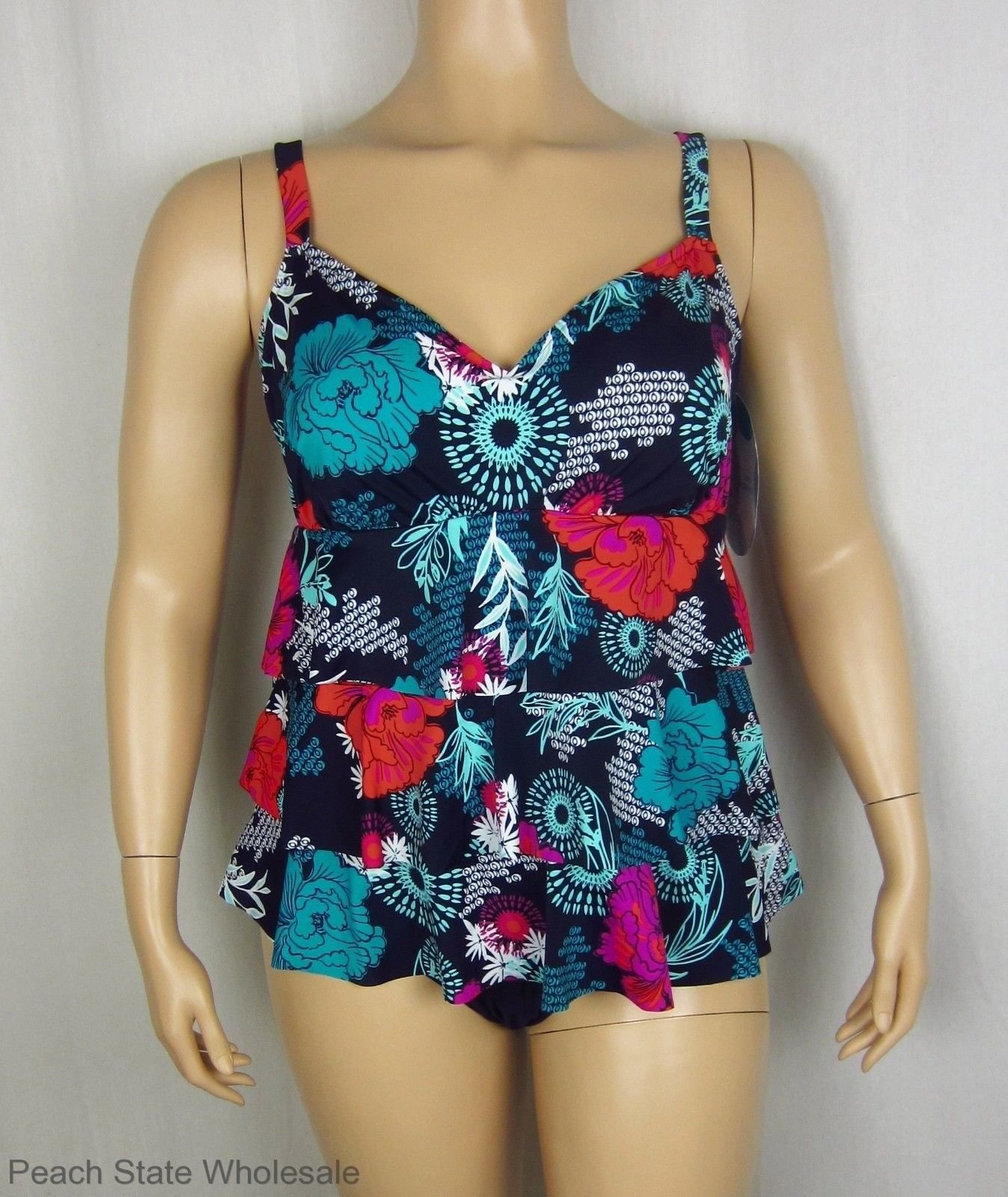 Nwt Swim Solutions Exotic Fauxkini Tiered Swimsuit Slimming Plus Size