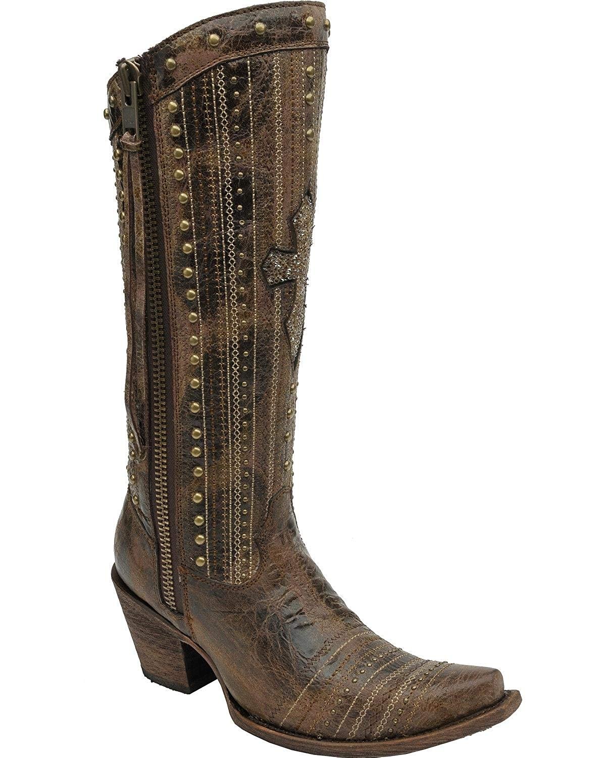 Pre-owned Corral Boots Corral Women's Crystal Cross Stripes And Studs Tall Boot Snip Toe - C2925 In Brown