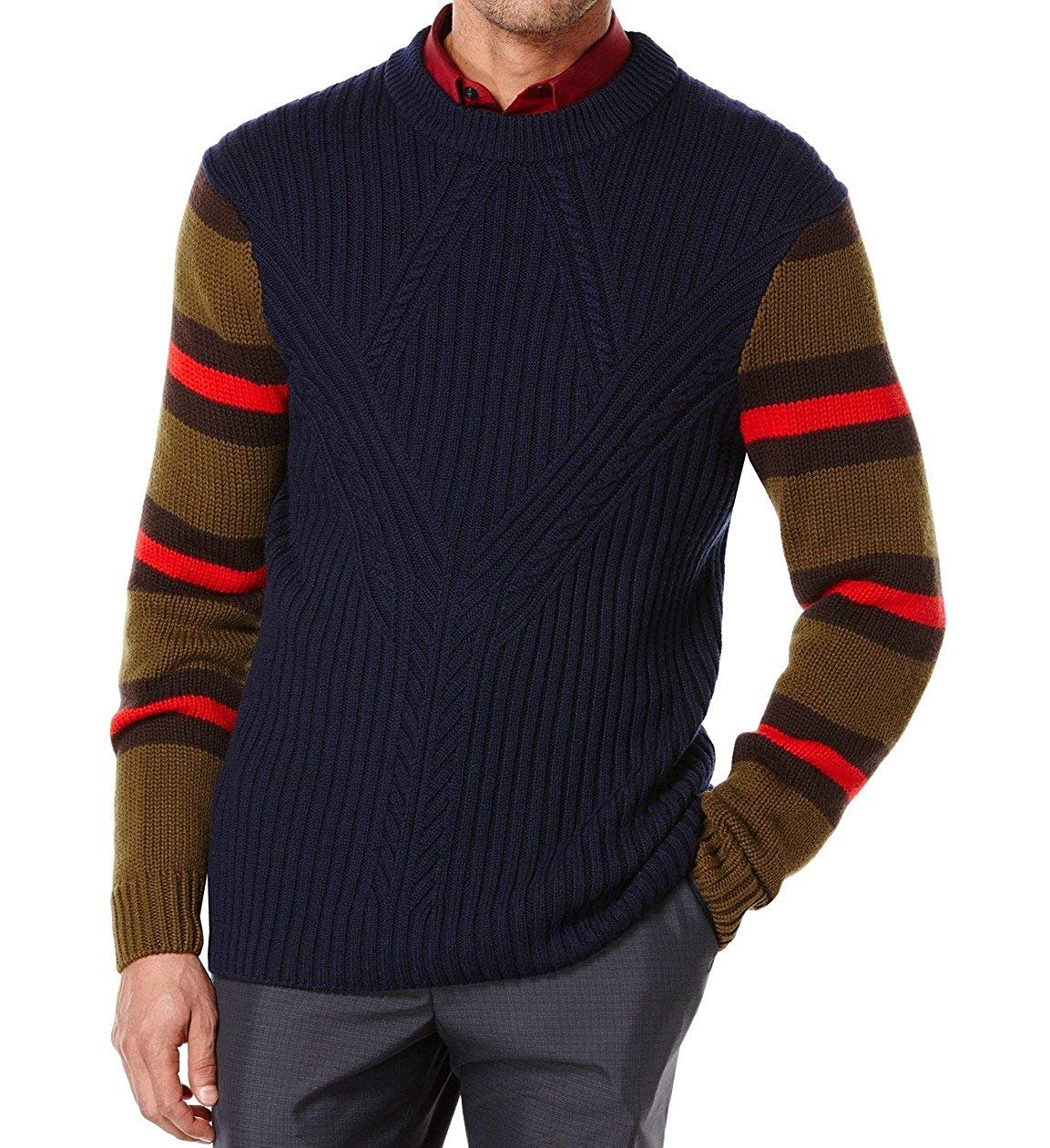 Perry Ellis Mens Merino Wool Blend Cable Knit Pullover Sweater Blue S ...