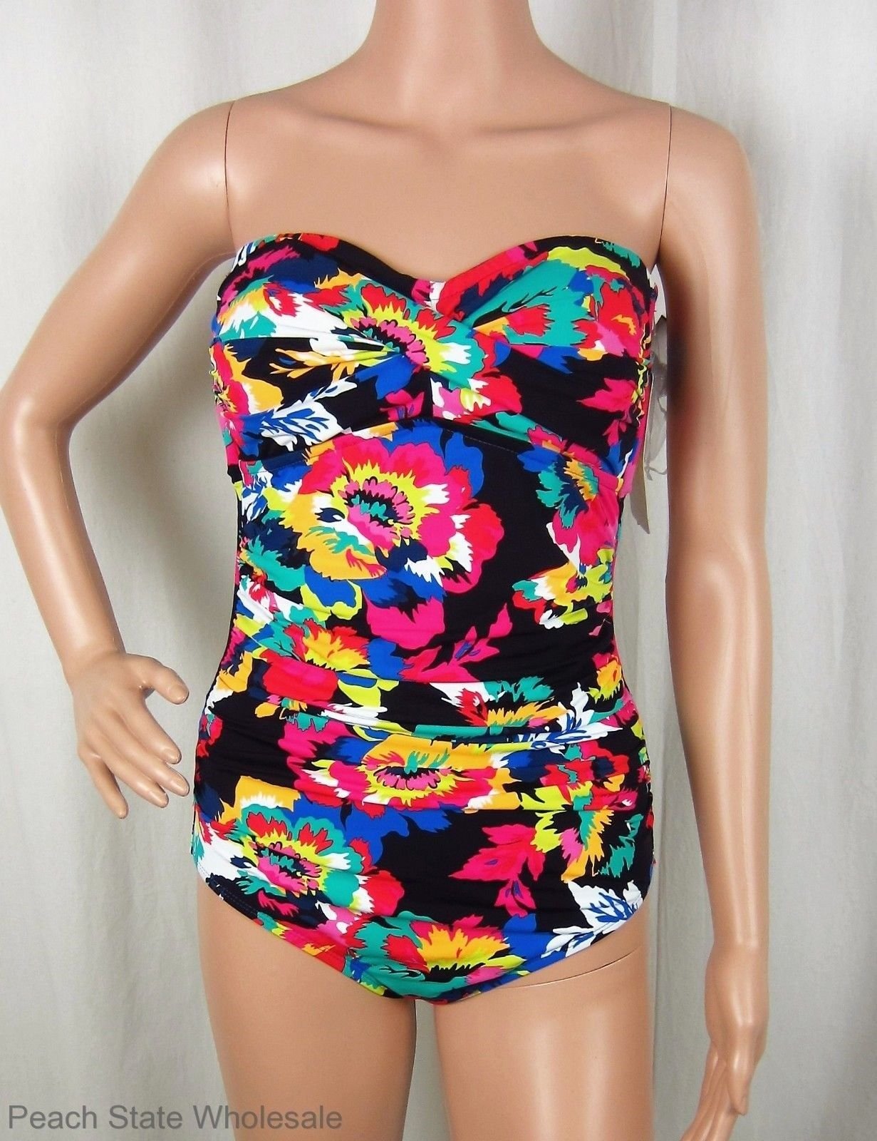 NWT Anne Cole Floral Shirred Twist Bandeau Slimming One-Piece Swimsuit