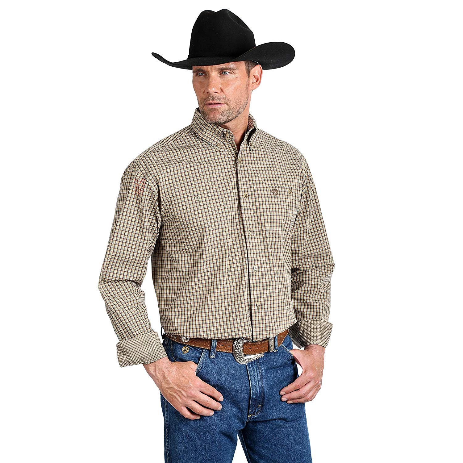 YUNY Men Long Sleeves Classic Plaid Relaxed-Fit Western Shirt Red M