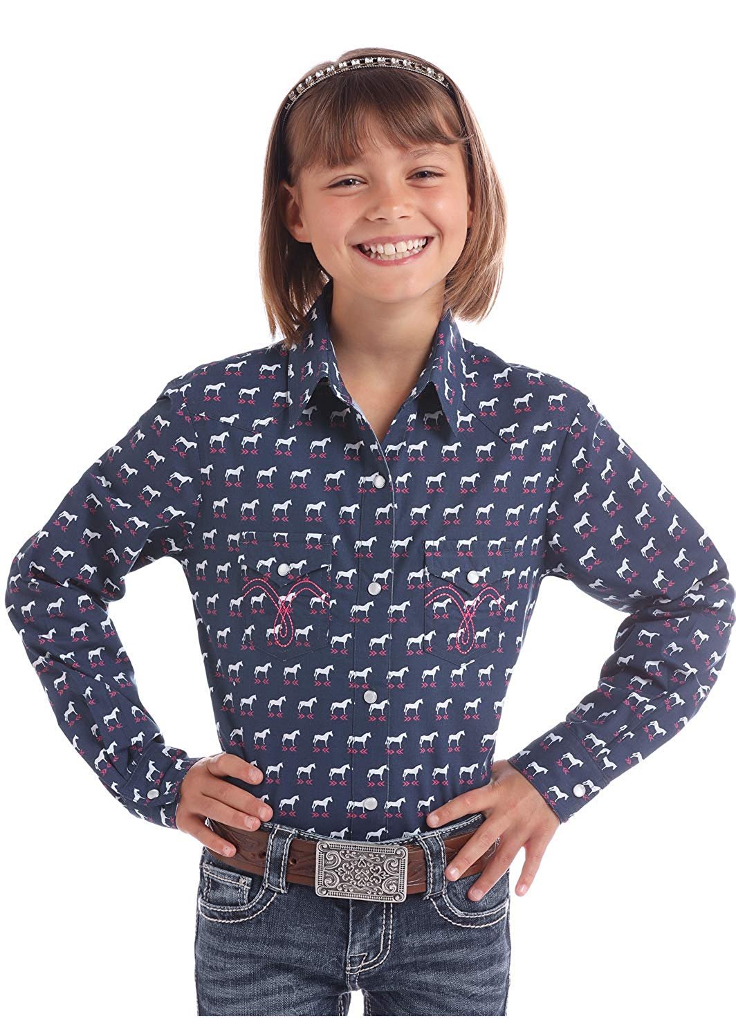 Panhandle White Label Girls Snap Long Sleeve Shirt Contrast Pocket, Light Navy - Picture 2 of 4