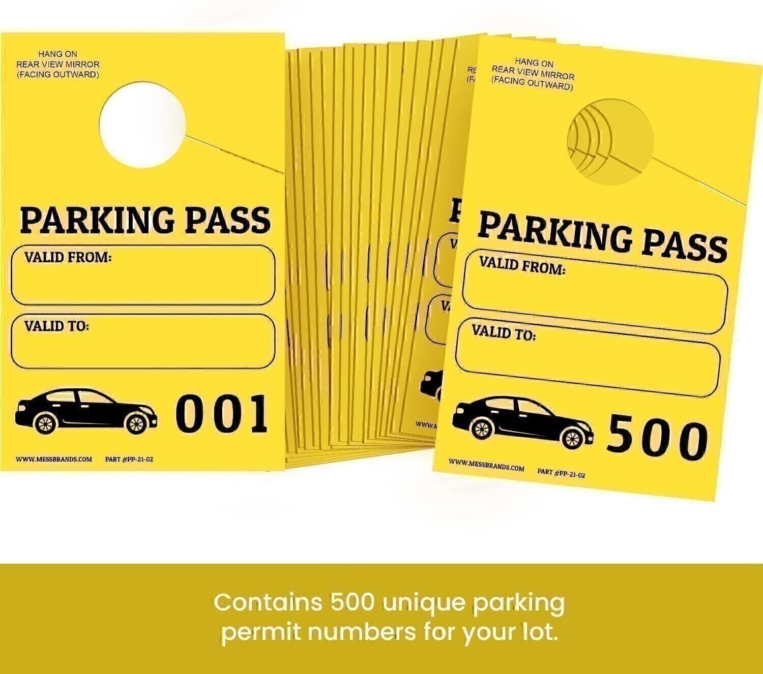 MESS Parking Permit Hang Tags - 001-500 Numbered - Yellow - 3 x 5 in