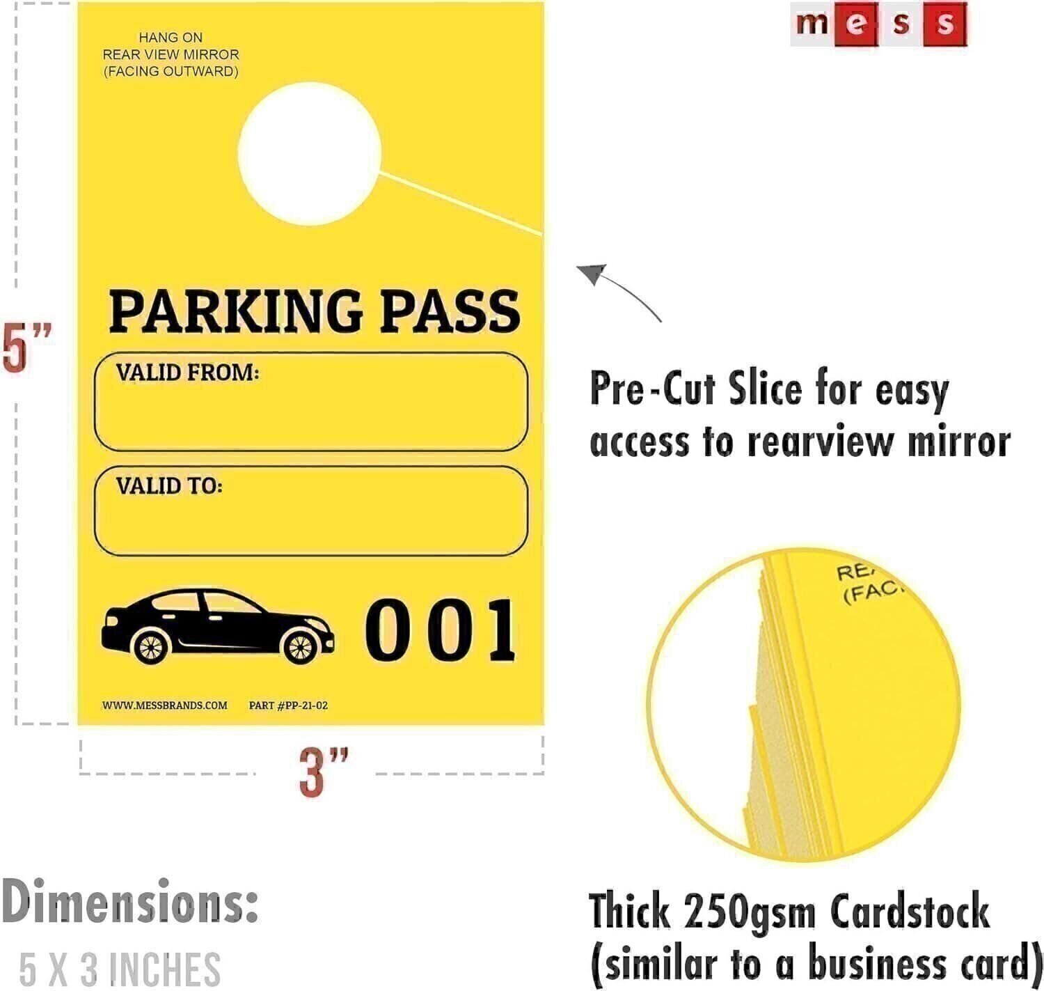 MESS Parking Permit Hang Tags - 001-500 Numbered - Yellow - 3 x 5 in