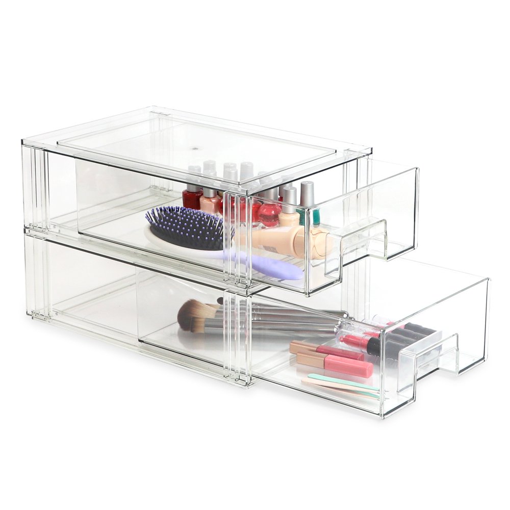 Isaac Jacobs Large Stackable Organizer Drawer 13.5 x 9.9 x 5.4, Clear  Plastic Storage Box, Pull-Out Bin