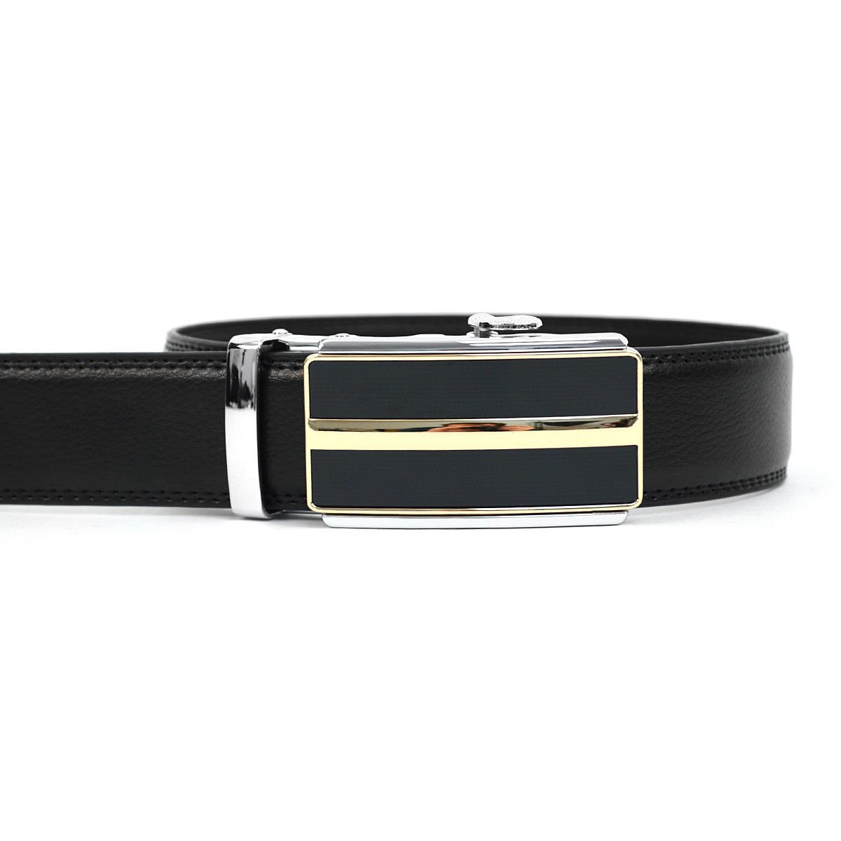 Men/’s Leather Ratchet Belt with Vertical Panes Automatic Buckle