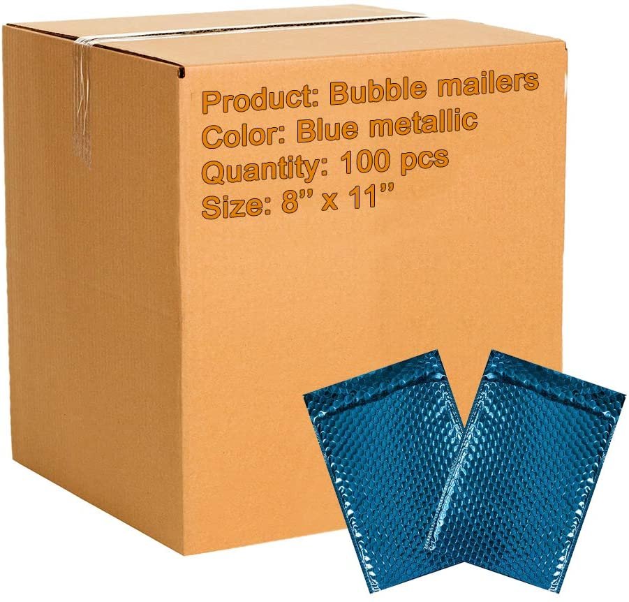 100 Metallic Bubble Mailers 8 X 11 Blue Padded Envelopes 8X11 Self