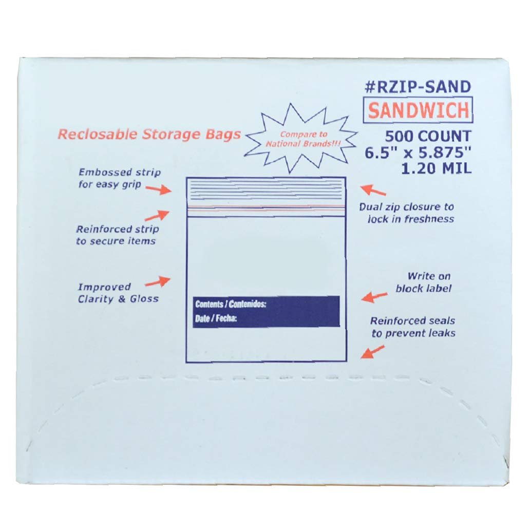 Clear Zipper Sandwich Bags 6.5 x 5.87 /w Write-On Block