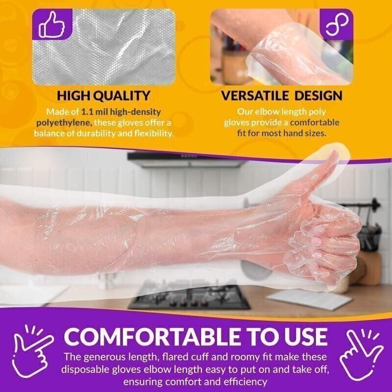 Disposable Food Prep Gloves 22 Inches Long. Clear 1000pk Poly Gloves, 1.1 mil