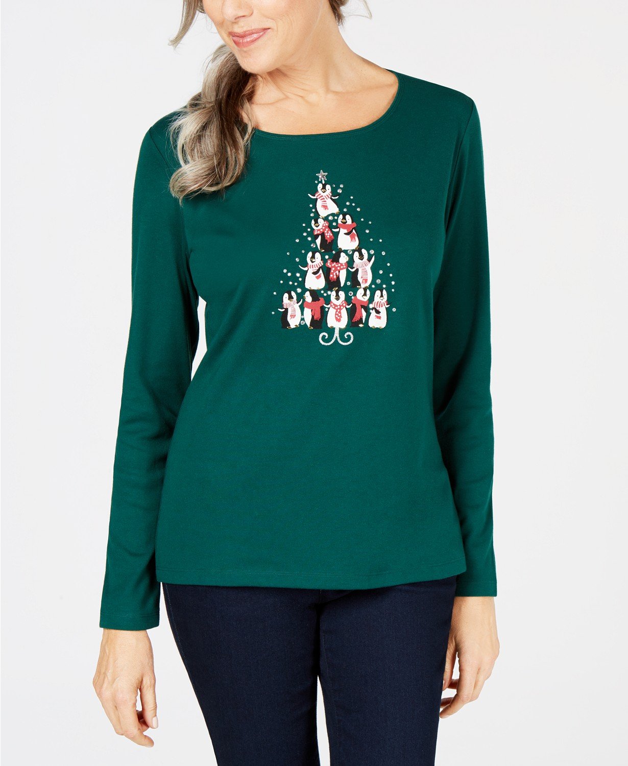 Karen Scott Petite Cotton Holiday Cat Graphic Top