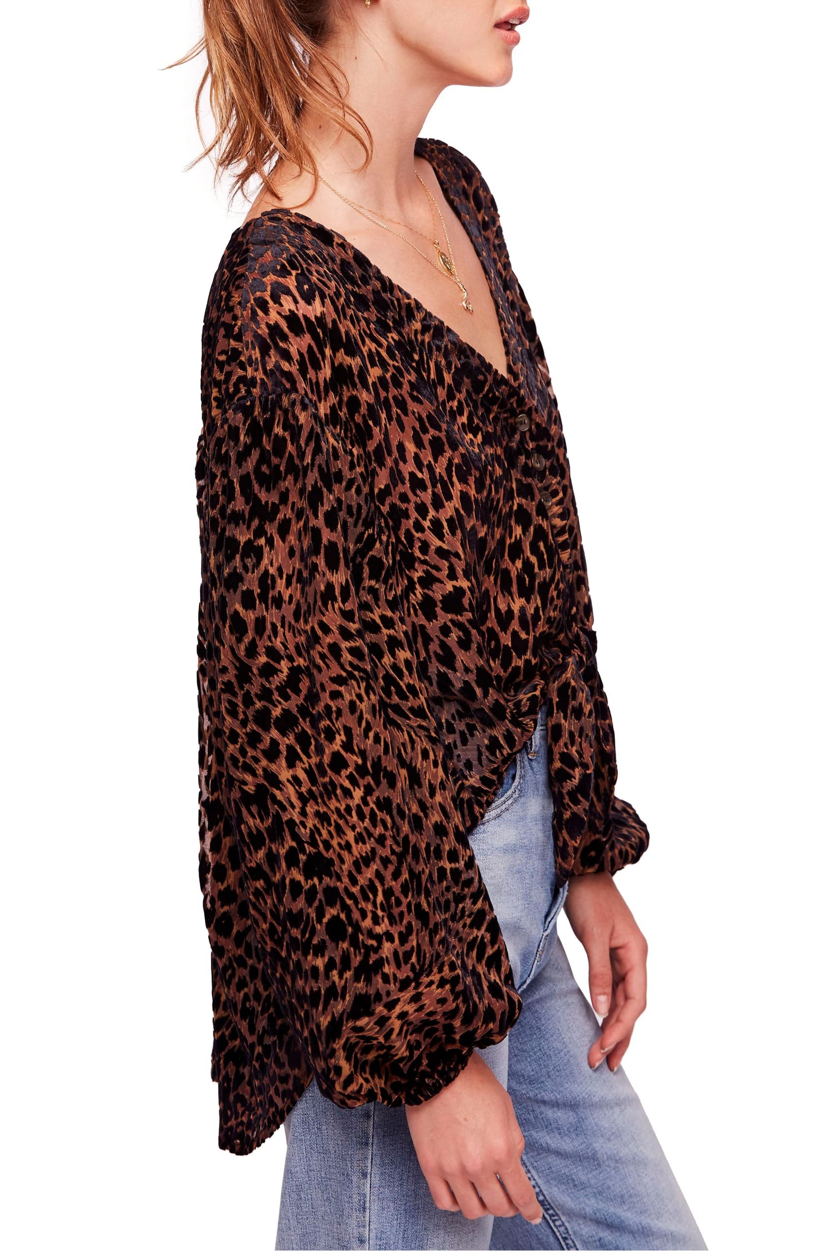 FREE PEOPLE $168 Brown/Black High-Low Animal Print Long Sleeve Blouse 