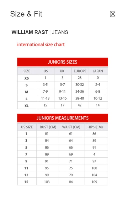 William Rast Jeans Size Chart