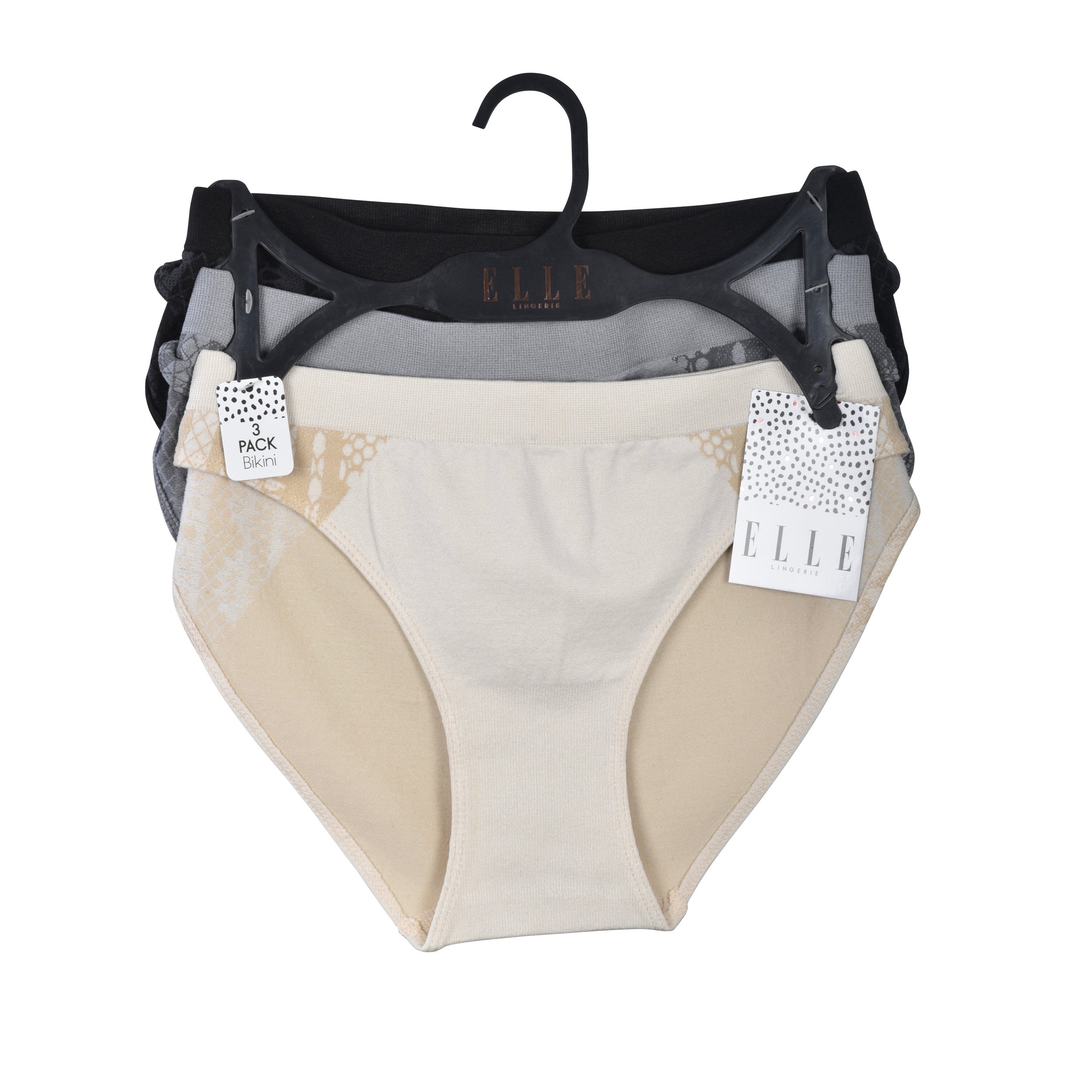 ELLE Women's Seamless Bikinis Underwear Jacquard 3-Pack Polyester/Nylon/Spandex