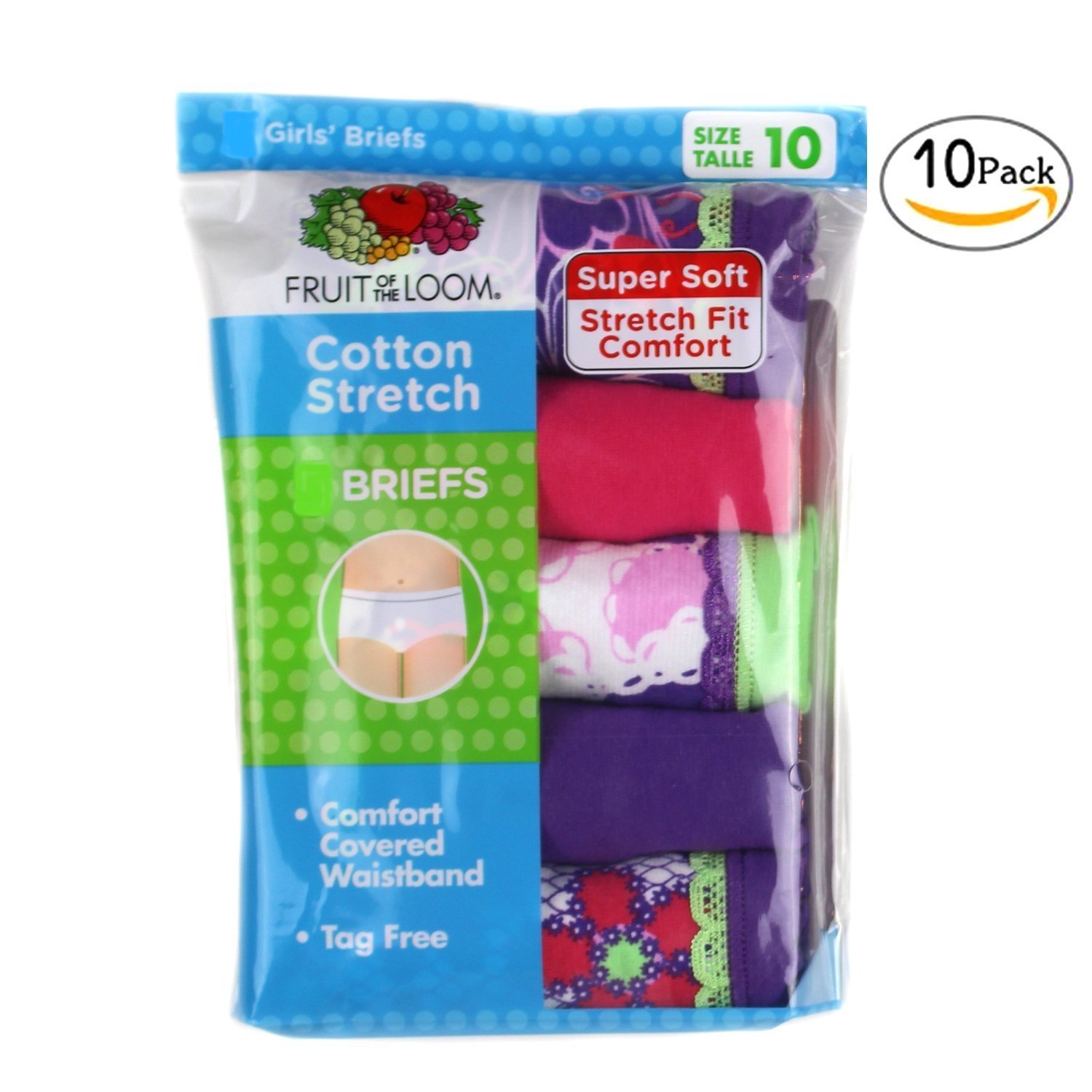 Fruit of the Loom Girls Cotton Stretch Brief Panty 10-PK (8, Purple/Yellow) - Picture 7 of 9