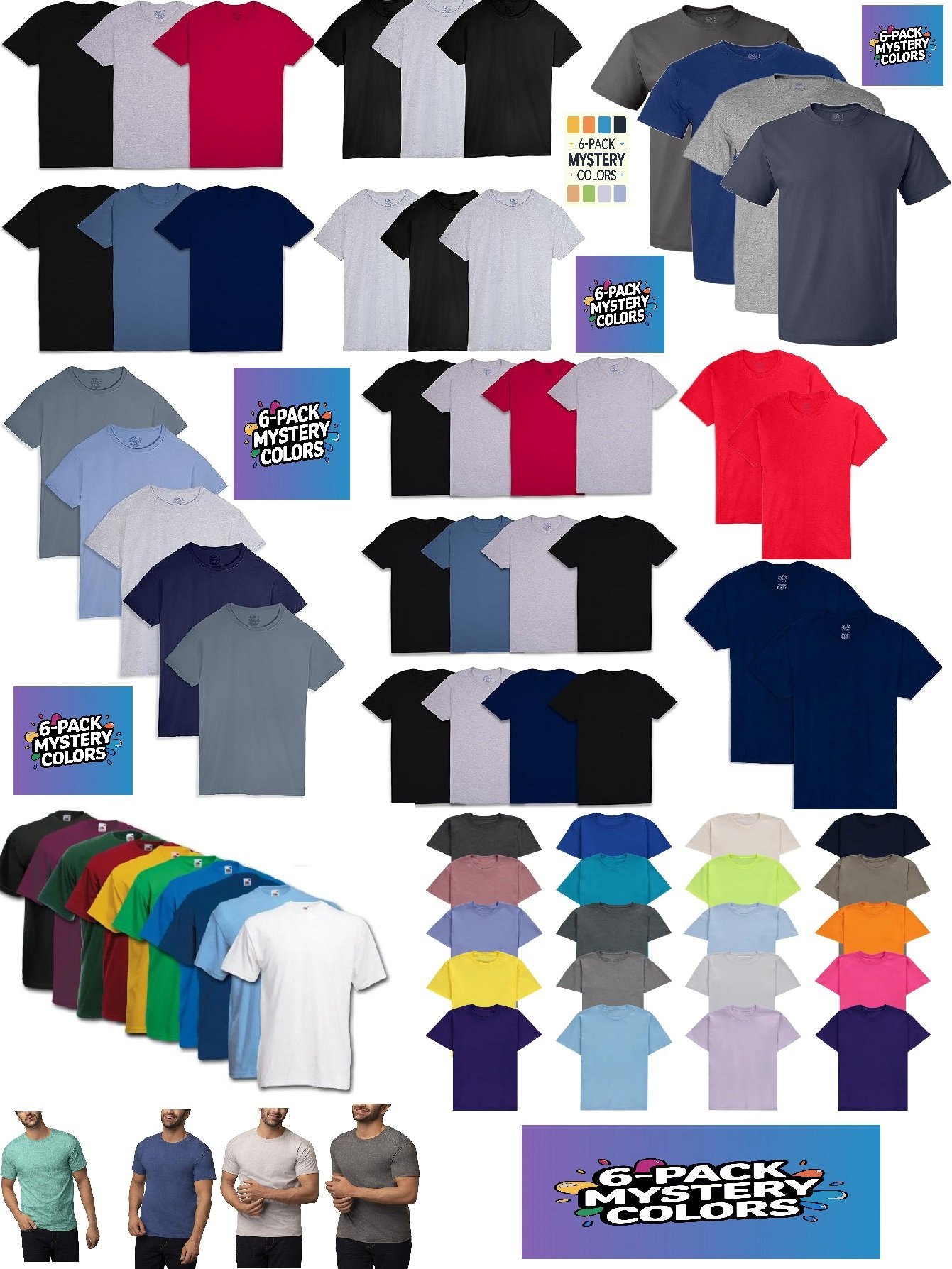 Mens 6-Pack Assorted Crew T Shirts Fruit of the Loom Mystery Colors & Materials - Picture 7 of 12