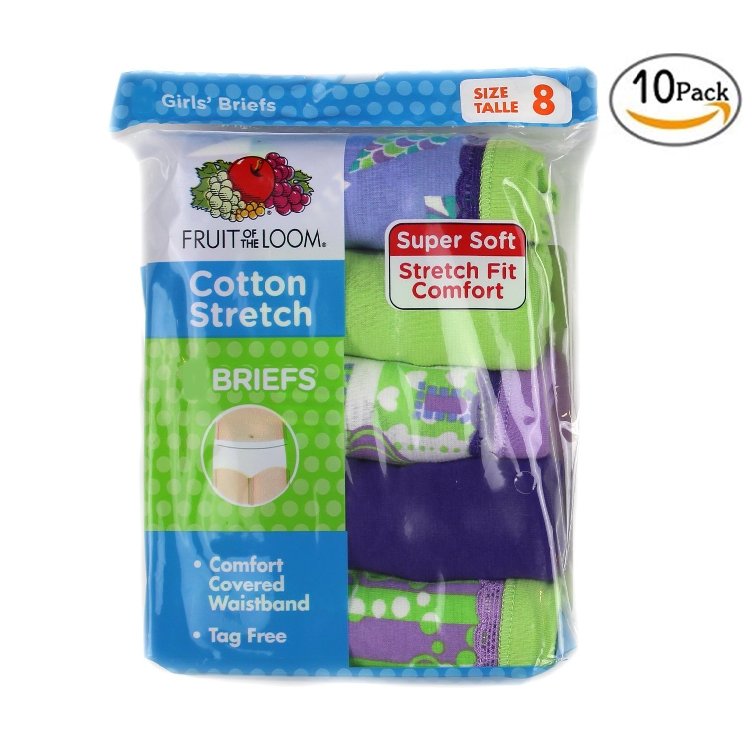 Fruit of the Loom Girls Cotton Stretch Brief Panty 10-PK (8, Purple/Yellow) - Picture 5 of 9