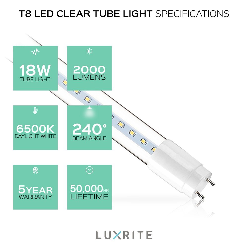 12-Pack Luxrite 4FT LED T8 Tube Light 18W (32W Equivalent) 6500K 2000lm ...