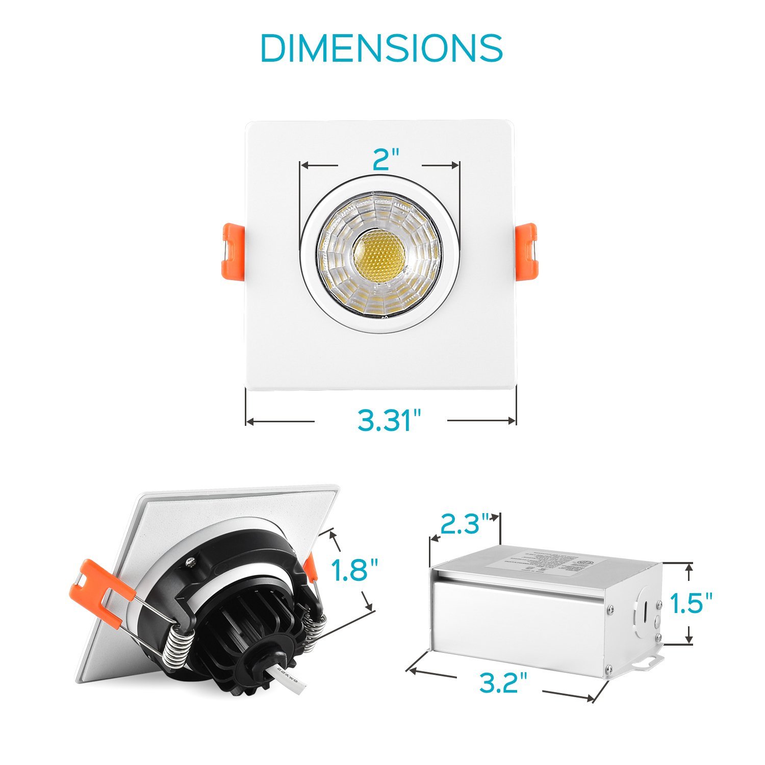 Luxrite 3 Inch Gimbal LED Square Recessed Light 5000K 600lm Dimmable IC ...