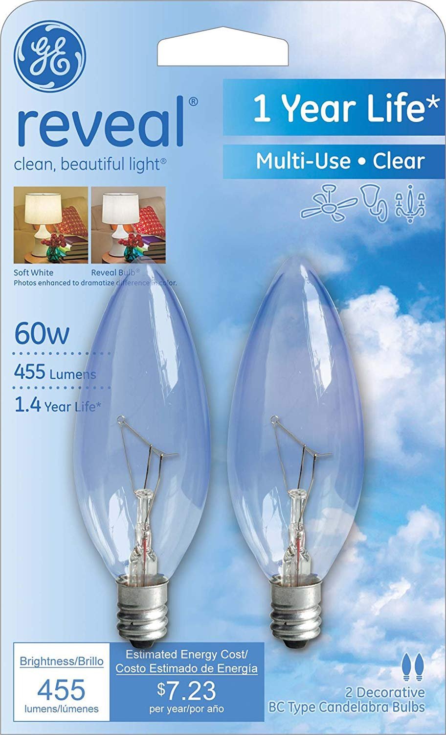 (12-Pack) GE Reveal 60W Light Bulbs Decorative B Type Candelabra Base ...