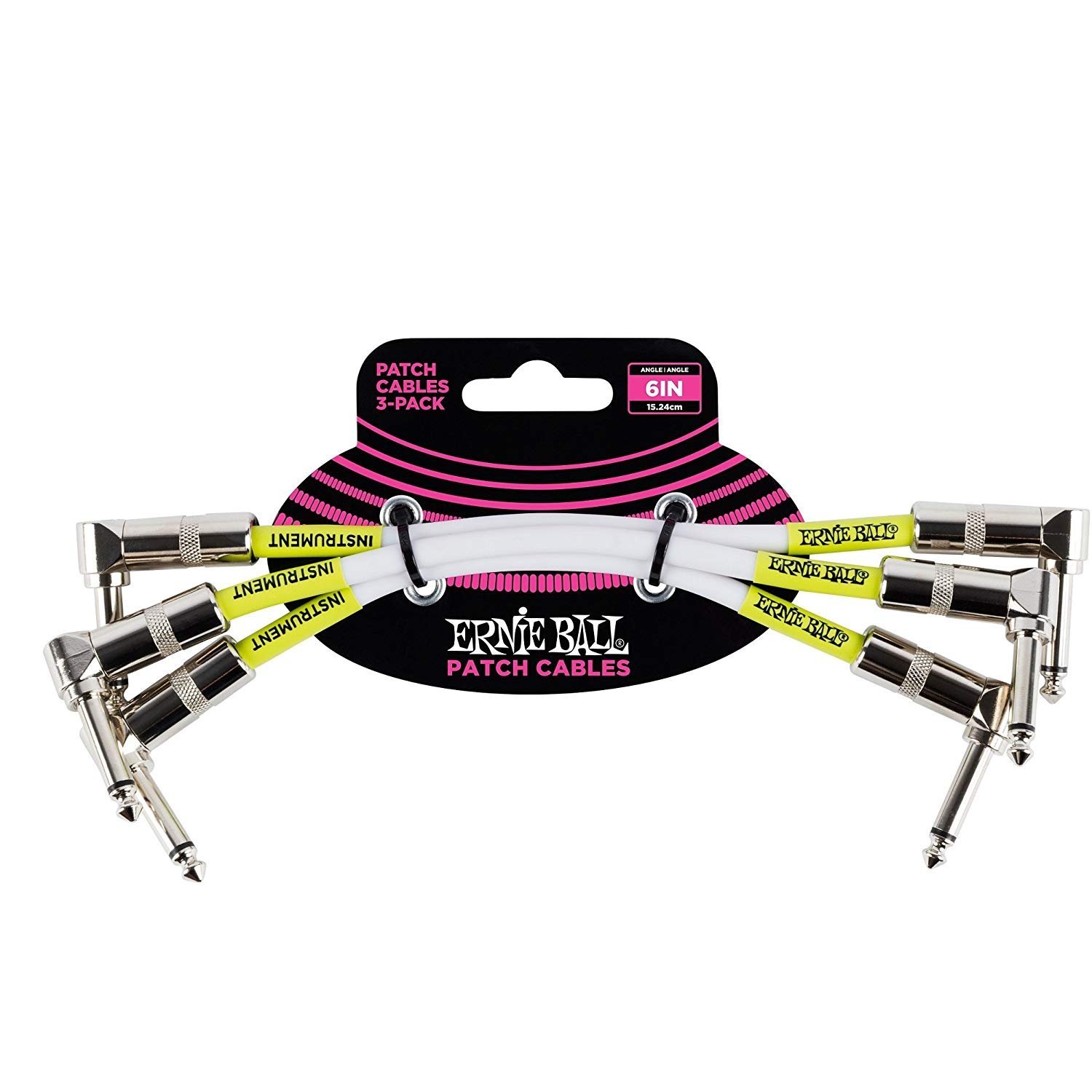 Patch Cable Ernie Ball Guitar 6in Electric Effects Pedal Angled 3Pk White 6051
