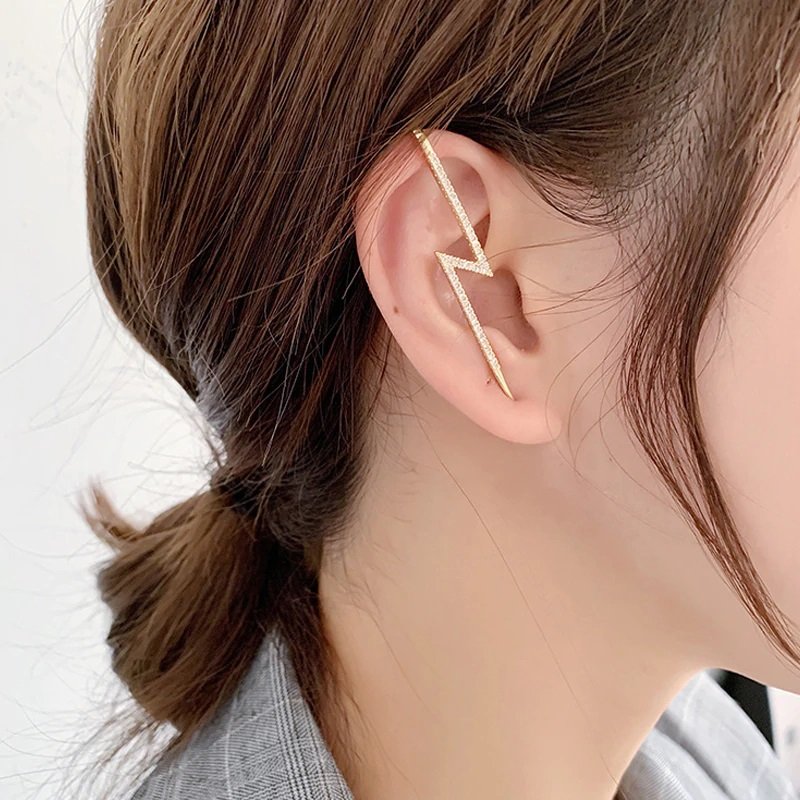 Lightning Bolt Ear Cuff Micro Pave CZ Bar Rhodium & Gold