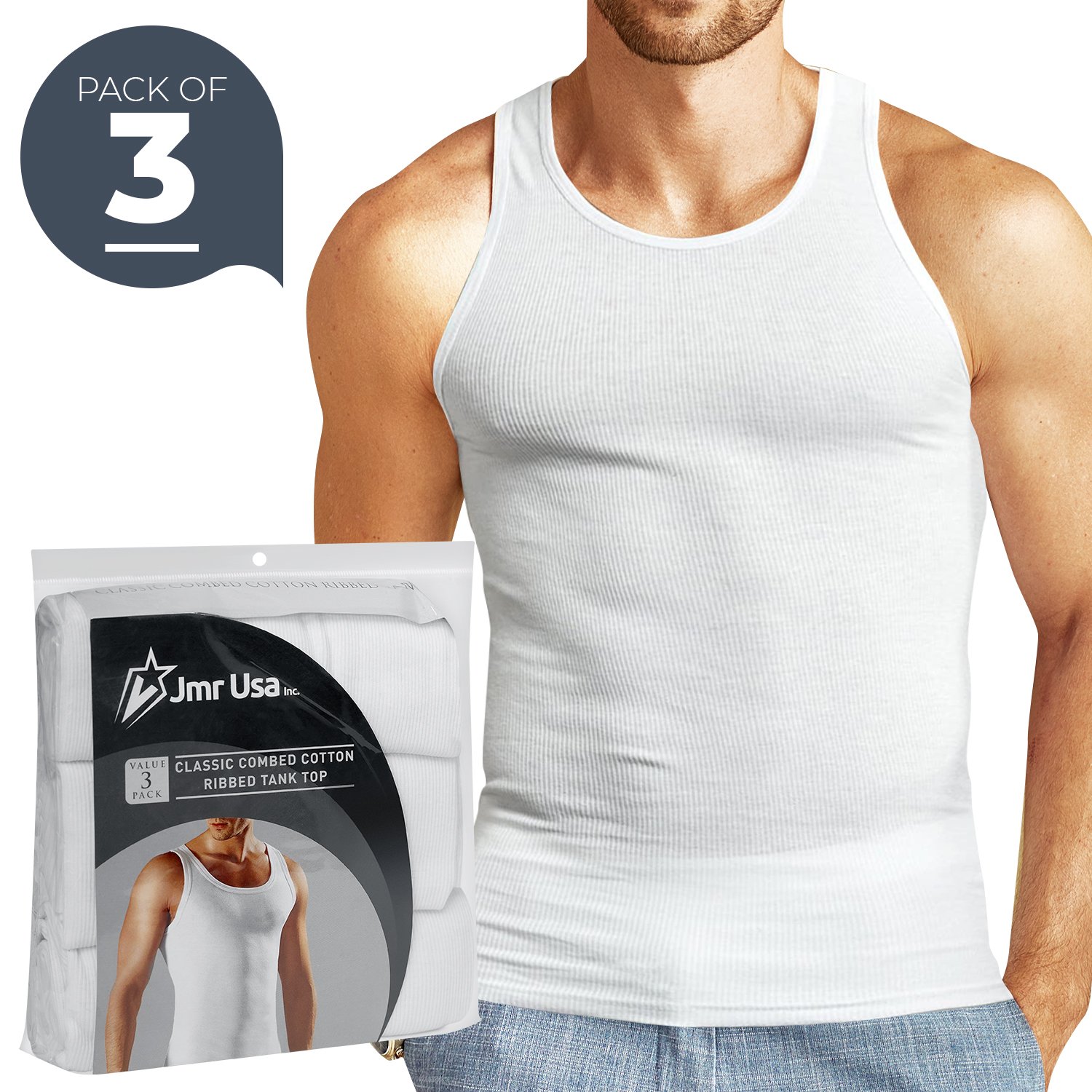 JMR Men Tank Tops 100% Cotton White Sleeveless Undershirts Tagless Ribbed... - Picture 8 of 16