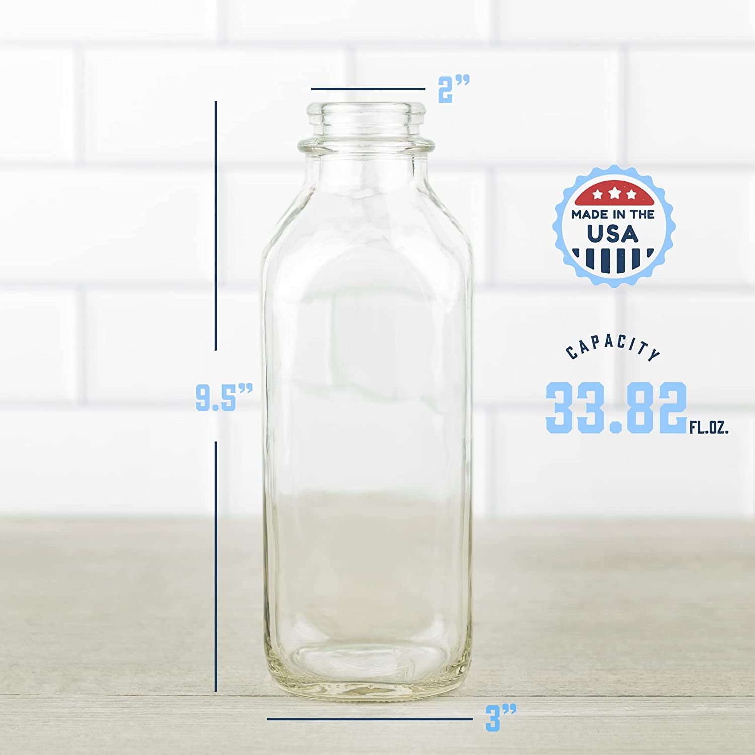 Kitchentoolz 33 Oz Square Glass Milk Jugs with Caps - Perfect Milk Container
