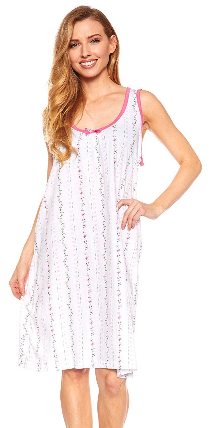 Womens Cotton Nightgown Sleeveless Pajamas - Knee Length Scoop Neck ...