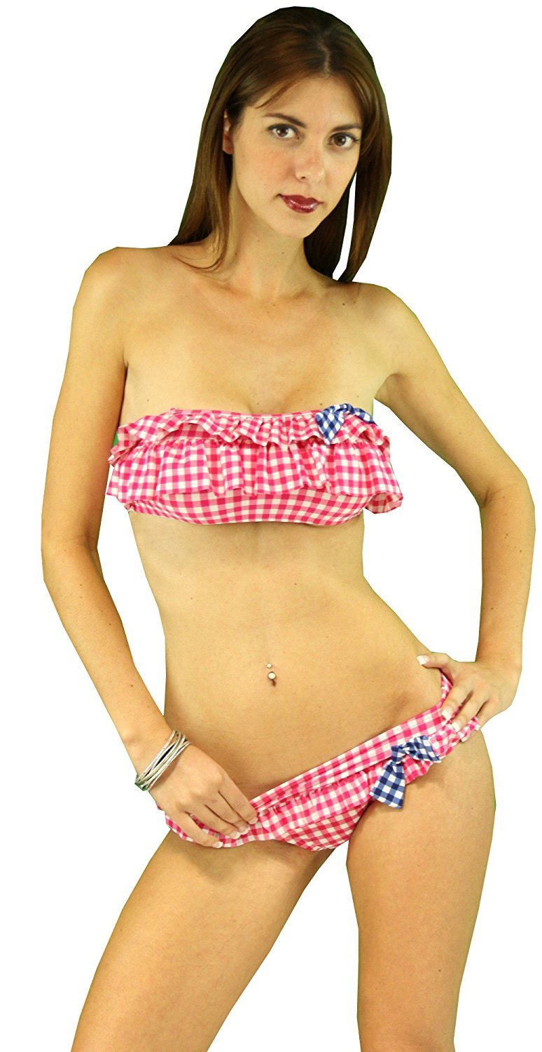 Fashioncatch Womens Two Piece Gingham Ruffle Bandeau Bikini Swimsuit 3389