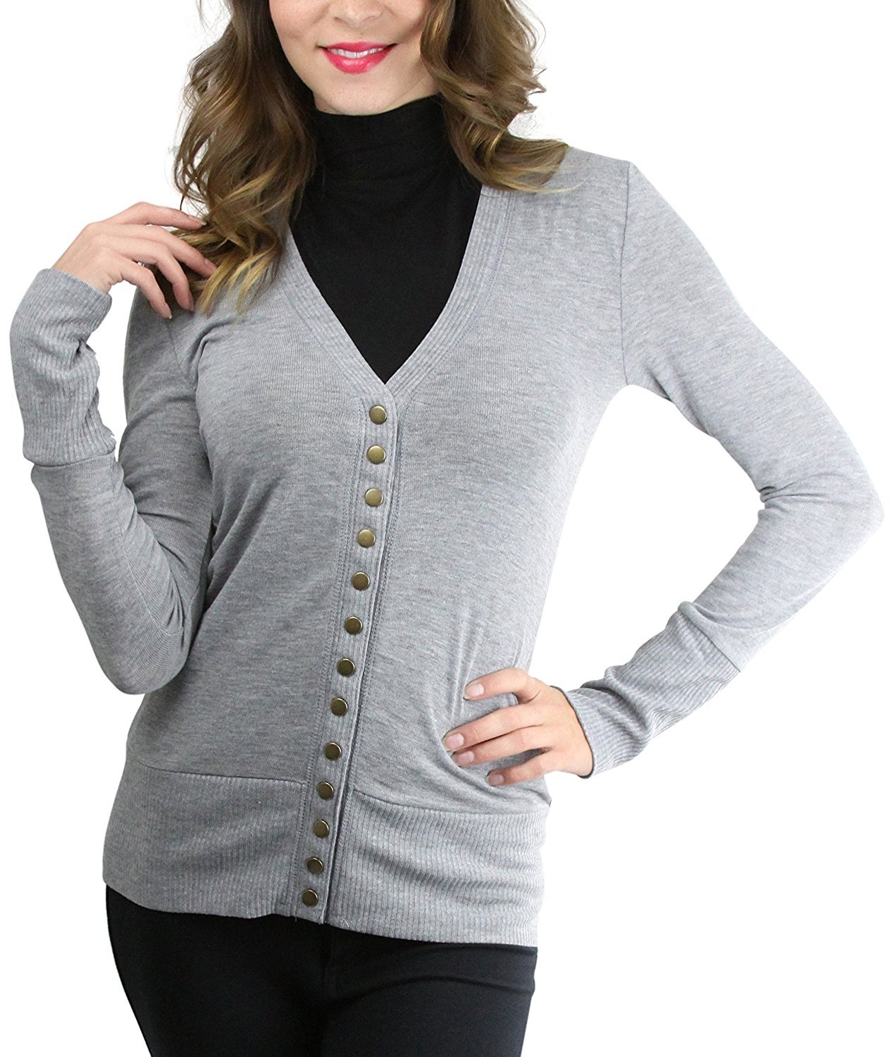 ToBeInStyle Women's Mixed Knit Long Sleeve V-Neck Button Front 