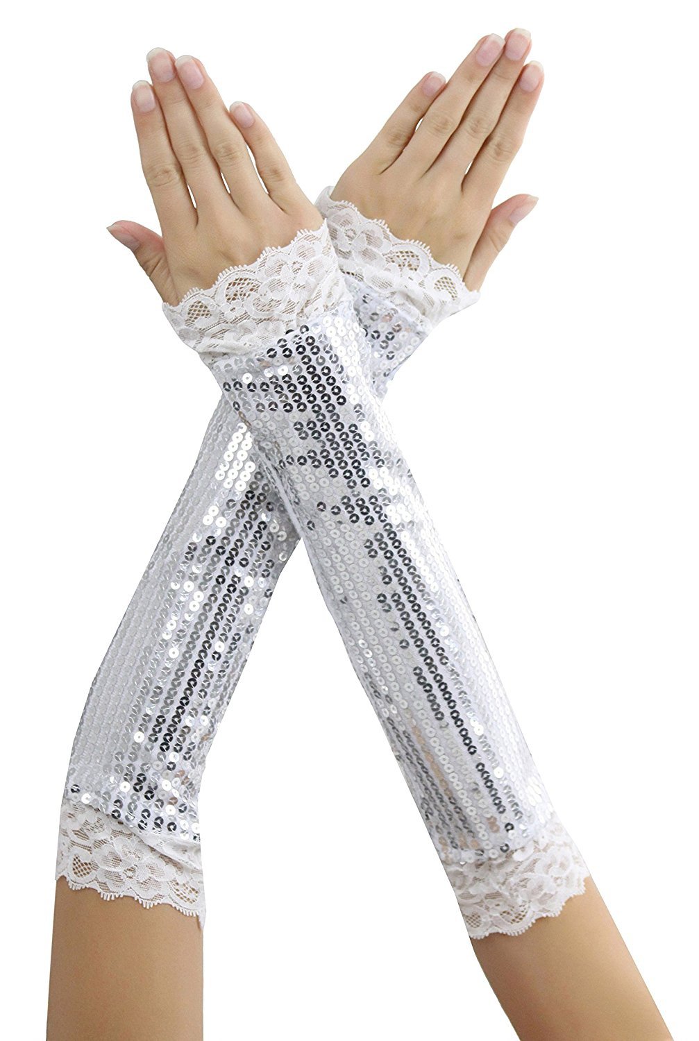 New Music Legs 406 Elbow Length Sequin With Lace Trim Arm Warmers