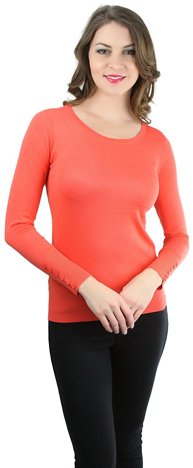 FashionCatch Women's Button Detail Long Sleeve V-Neck Sweater 