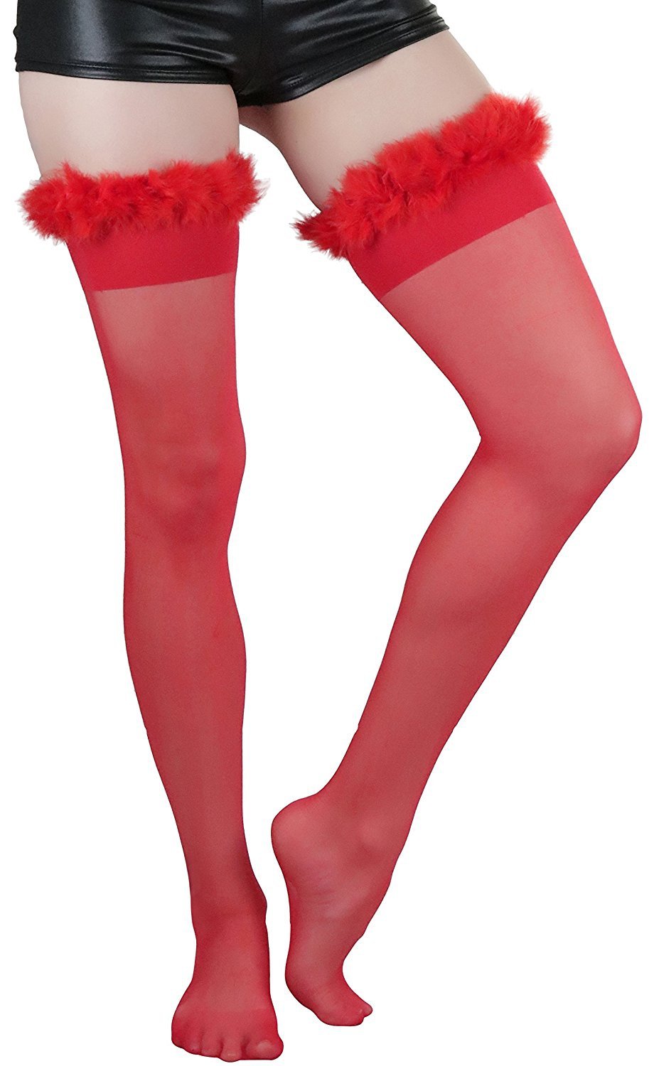 ToBeInStyle Women's Sheer Thigh Hi Tights with Lace Top and Marabou Trim - Picture 11 of 12