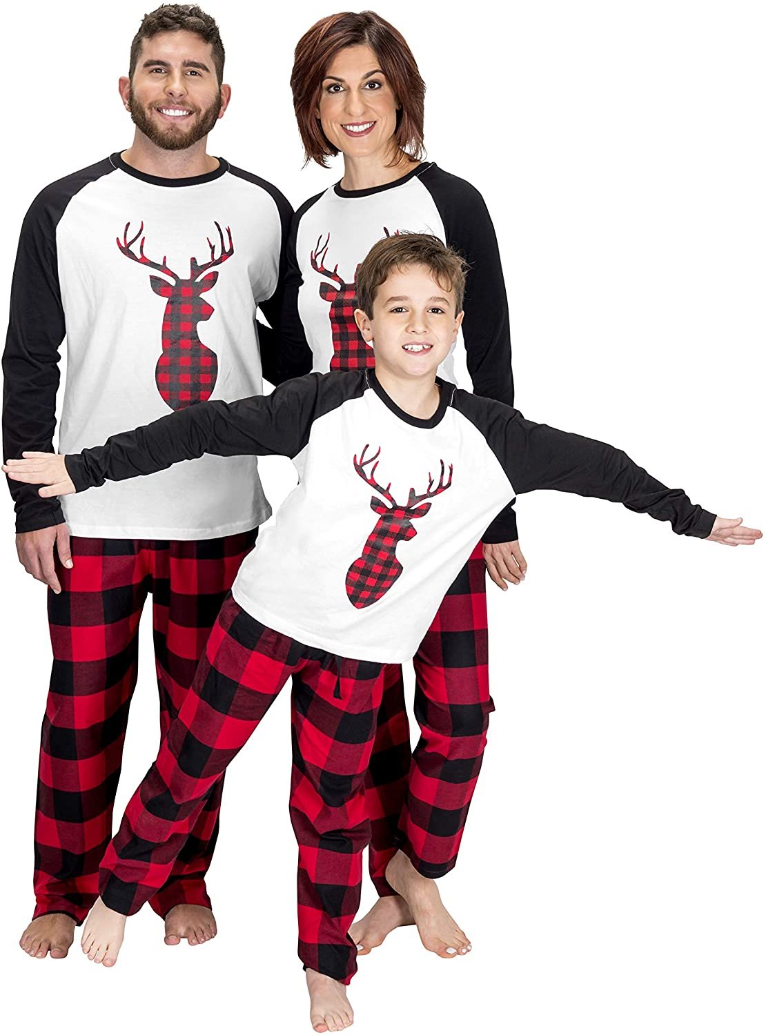 Christmas Matching Family Pajama Sets Printed Tops and Deer Plaid Xmas Sleepwear