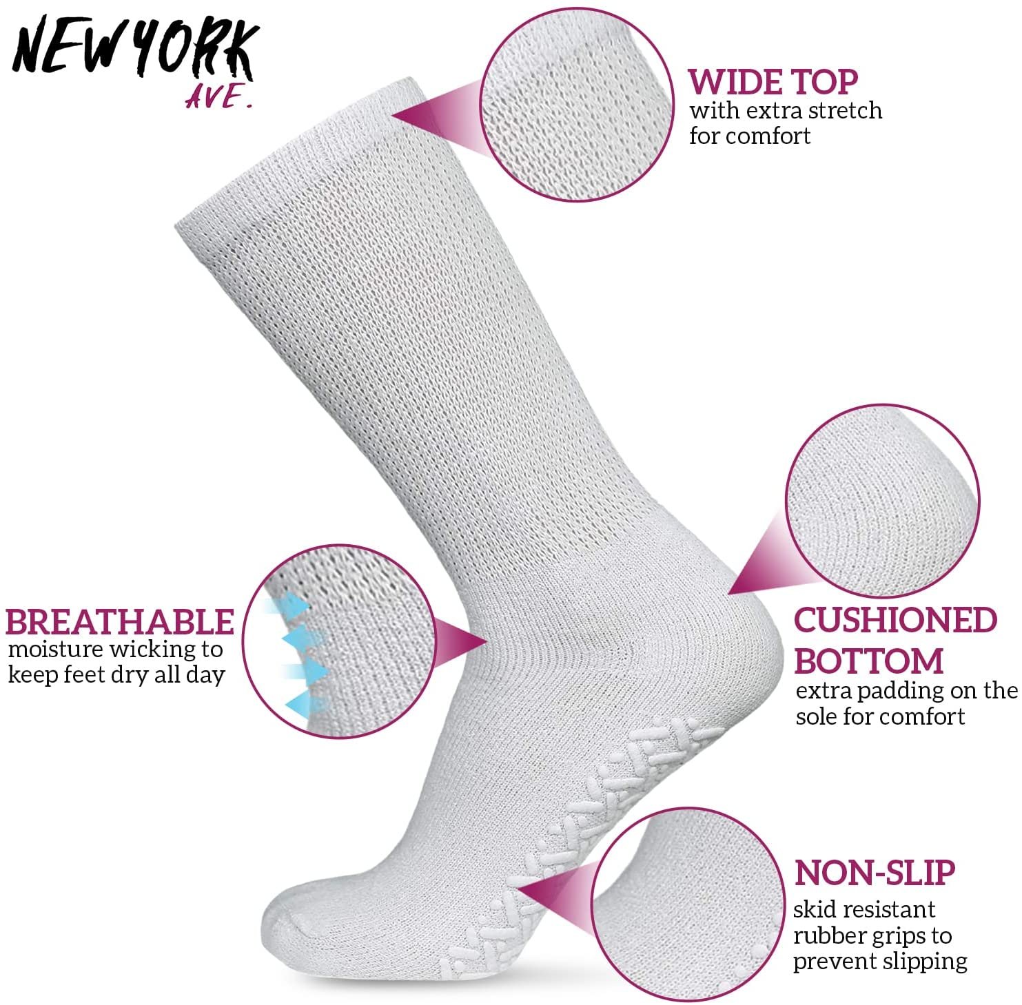 Non Skid Diabetic Cotton Crew Socks - Loose Fit Non Binding Anti Slip Grip... - Picture 22 of 26