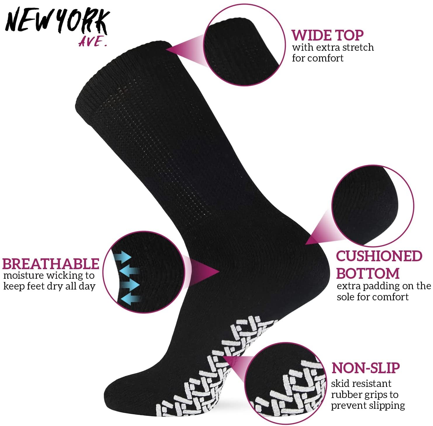 Non Skid Diabetic Cotton Crew Socks - Loose Fit Non Binding Anti Slip Grip... - Picture 10 of 26