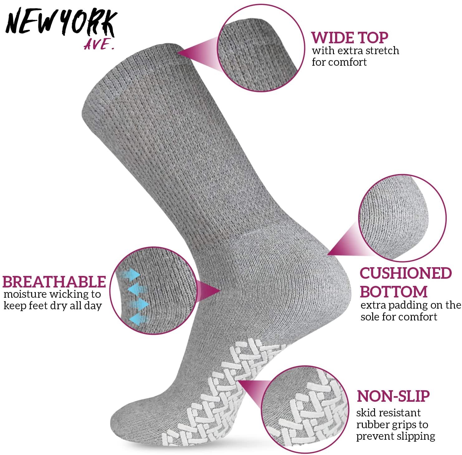 Non Skid Diabetic Cotton Crew Socks - Loose Fit Non Binding Anti Slip Grip... - Picture 16 of 26