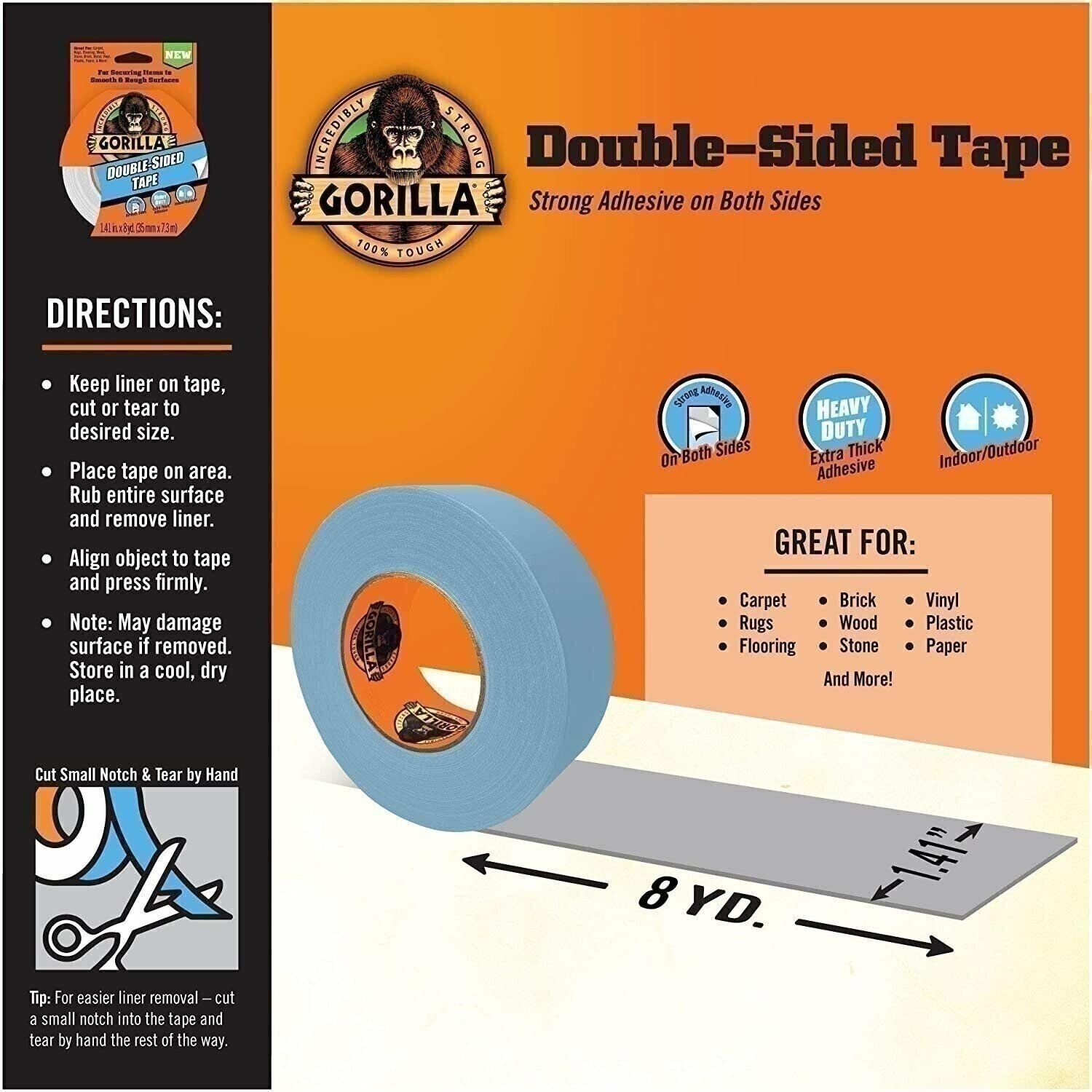 Gorilla doppelseitiges Klebeband, 1,41" x 8yd, grau, (1er-Packung), 100925 - Bild 4 von 8