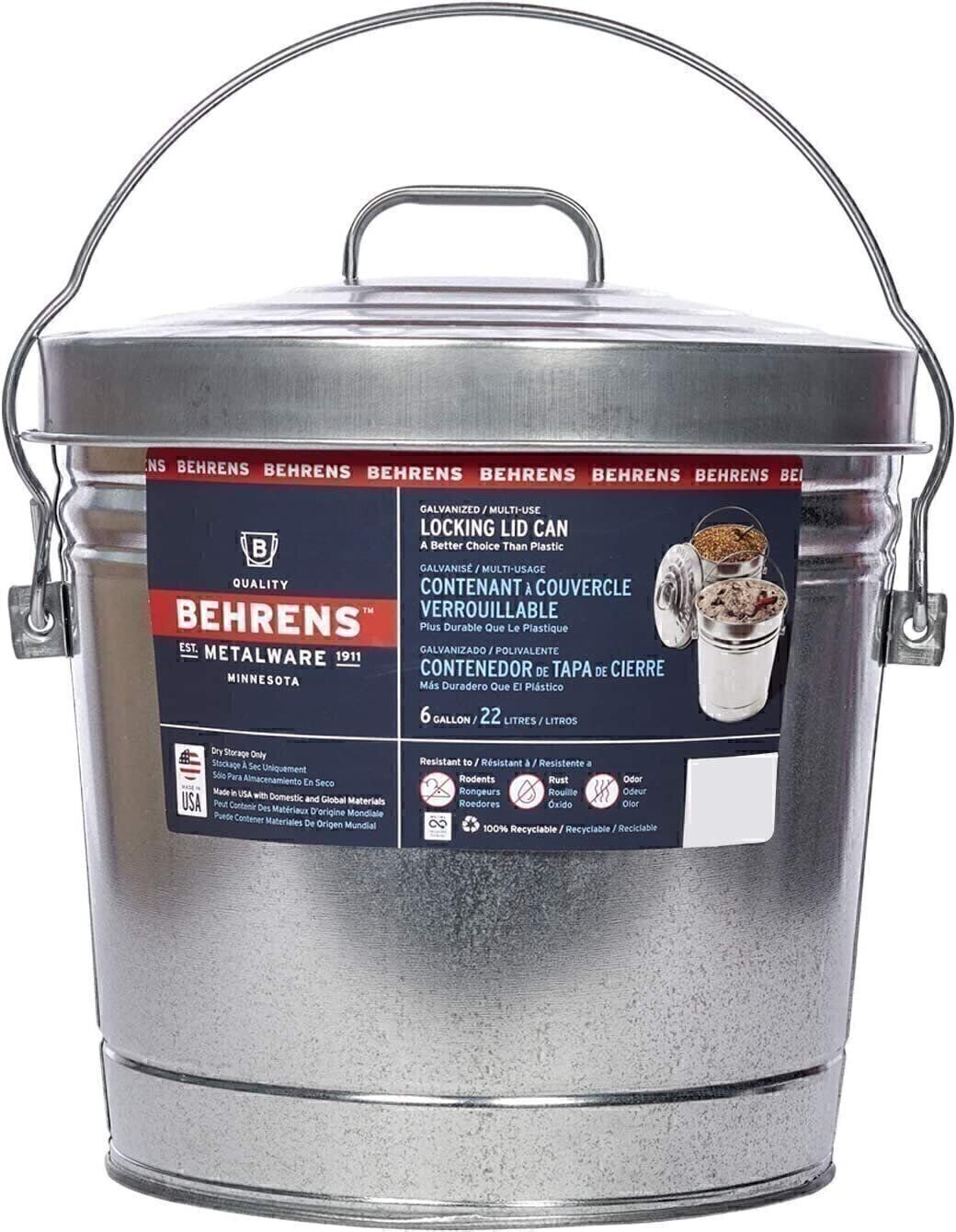 Behrens 6106K Galvanized Steel Locking Lid Trash Can, 6-Gallon