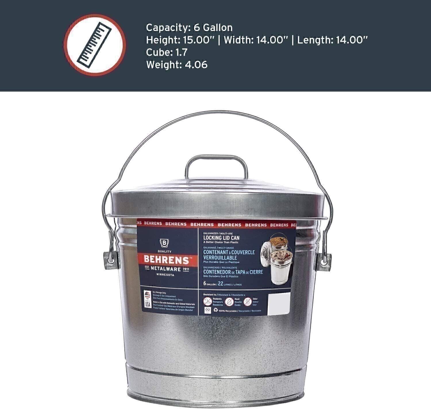 Behrens 6106K Galvanized Steel Locking Lid Trash Can, 6-Gallon