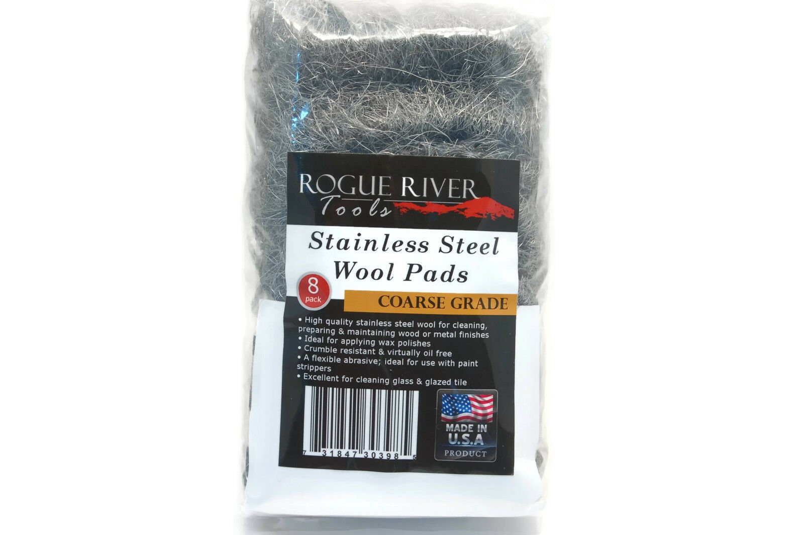 Made in USA! Oil Free Manufacturing Stainless Steel Wool 8 Pad Pack Coarse 