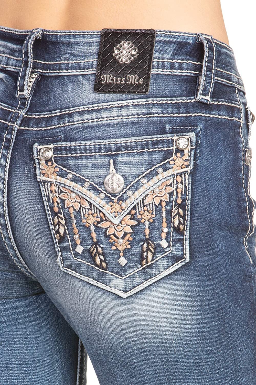 Miss Me Women's Mid-Rise Boot Cut Jeans with Pink Floral Fringe ...