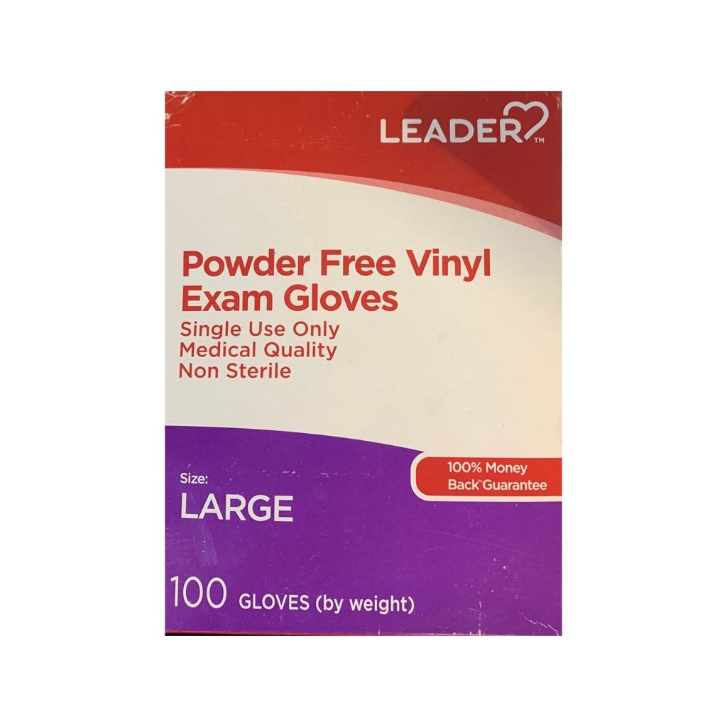 Leader Powder Free Vinyl Exam Gloves, Non Sterile, Large, 100 count